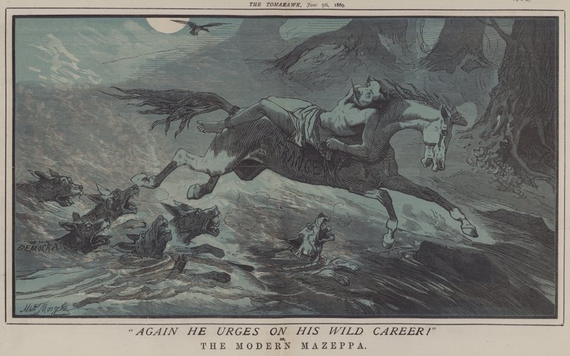 Igjen maner han på sin ville karriere! eller, The Modern Mazeppa (farge litho) av Matthew
