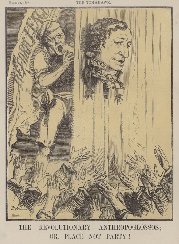 De revolusjonære Anthropoglossos; eller Place Not Party! (farge litho) av Matthew