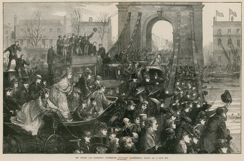 Oxford og Cambridge Boat Race: Hammersmith Bridge på løpsdagen (gravering) av Matthew White Ridley