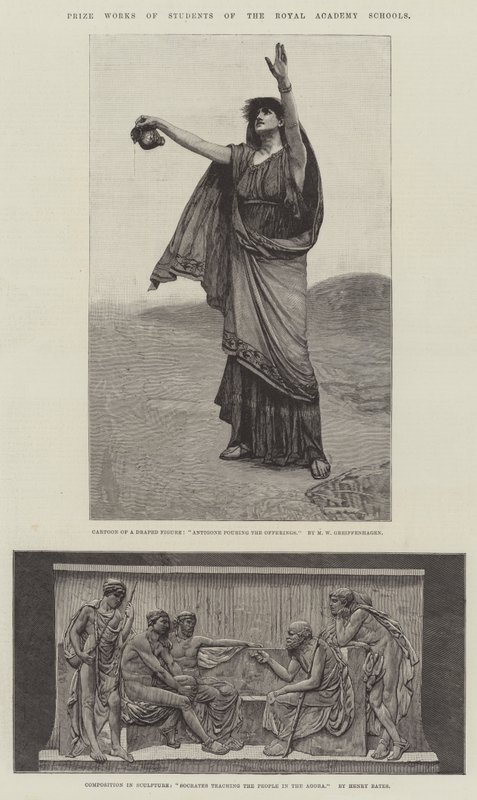 Prisverk av studenter ved Royal Academy Schools. Illustrasjon for The Illustrated London News, 5. januar 1884 av Maurice Greiffenhagen