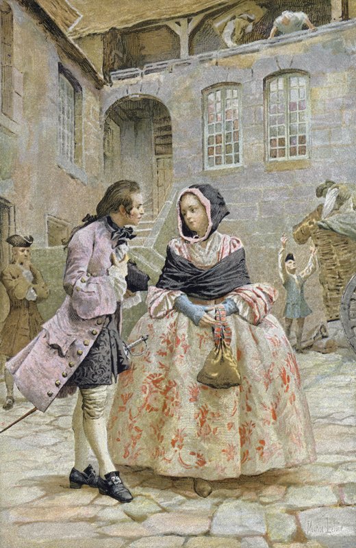 Første møte mellom Chevalier des Grieux og Manon av Maurice Leloir
