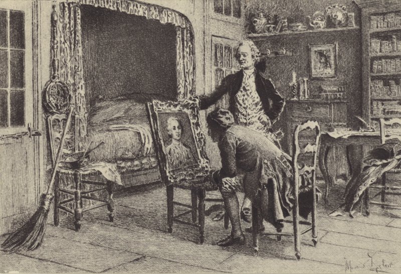 Jean-Jacques Rousseau ser på portrettet hans av Maurice Leloir