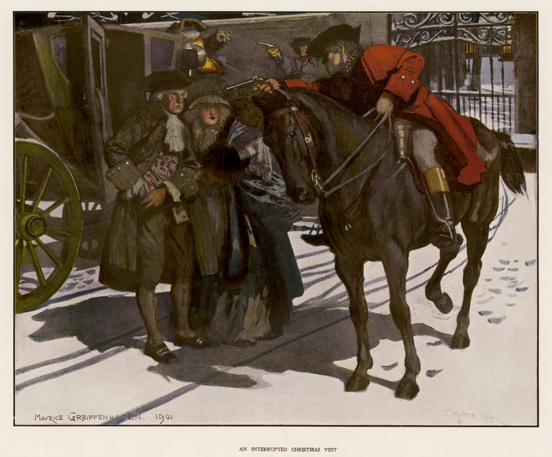 Et julebesøk avbrutt av en landeveismann (farge litho) av Maurice (after) Greiffenhagen