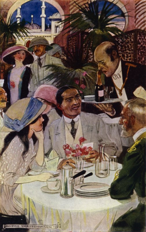 Besøk til Bagdad: På restauranten (farge litho) av Maurice (after) Greiffenhagen