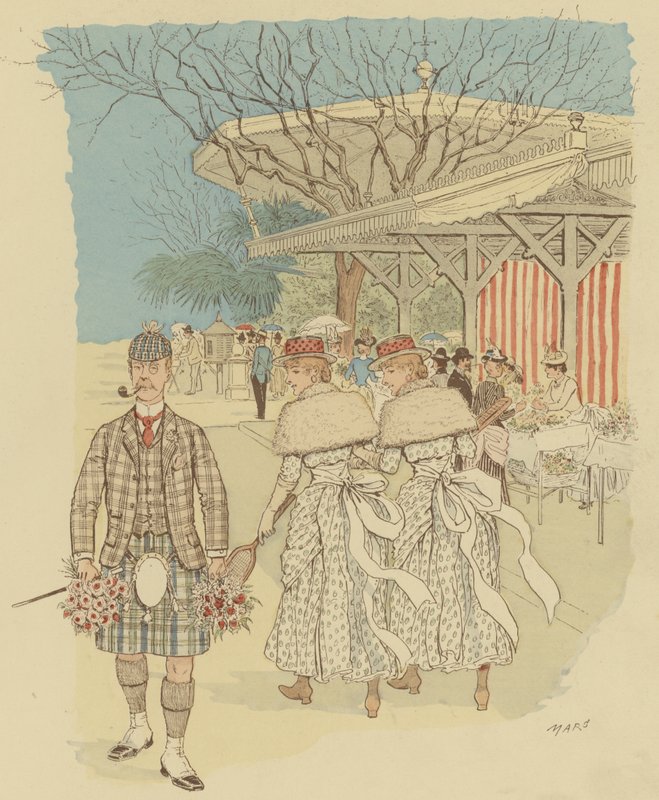 En skotsk mann i tradisjonell Highland Dress blant folket i Cannes, Frankrike (farge litho) av Maurice Charles Mathieu Bonvoisin