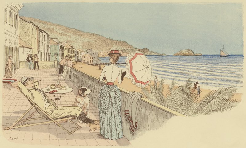 Et par på bryllupsreise slapper av ved sjøen på øya Gallinara, Italia. (farge litho) av Maurice Charles Mathieu Bonvoisin