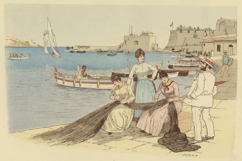 En mann som chatter med en gruppe kvinner som reparerer fiskegarn i byen Villefranche, Frankrike (farge litho) av Maurice Charles Mathieu Bonvoisin