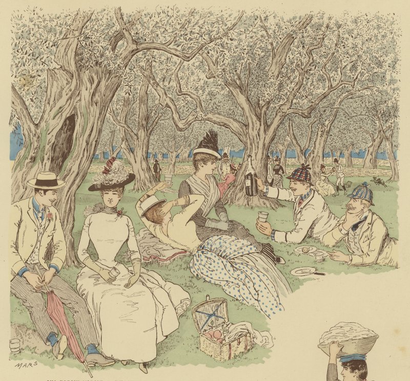 En piknik under oliventrærne ved Beaulieu i Sør-Frankrike (farge litho) av Maurice Charles Mathieu Bonvoisin