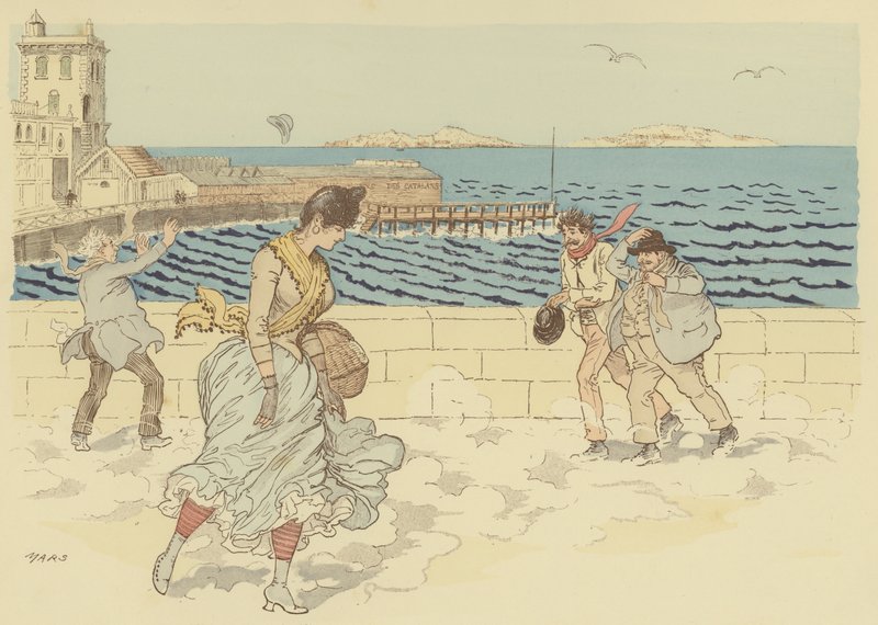 Mistralen sørger for en vindfull dag på Promenade de la Corniche, Marseille, Frankrike (farge litho) av Maurice Charles Mathieu Bonvoisin