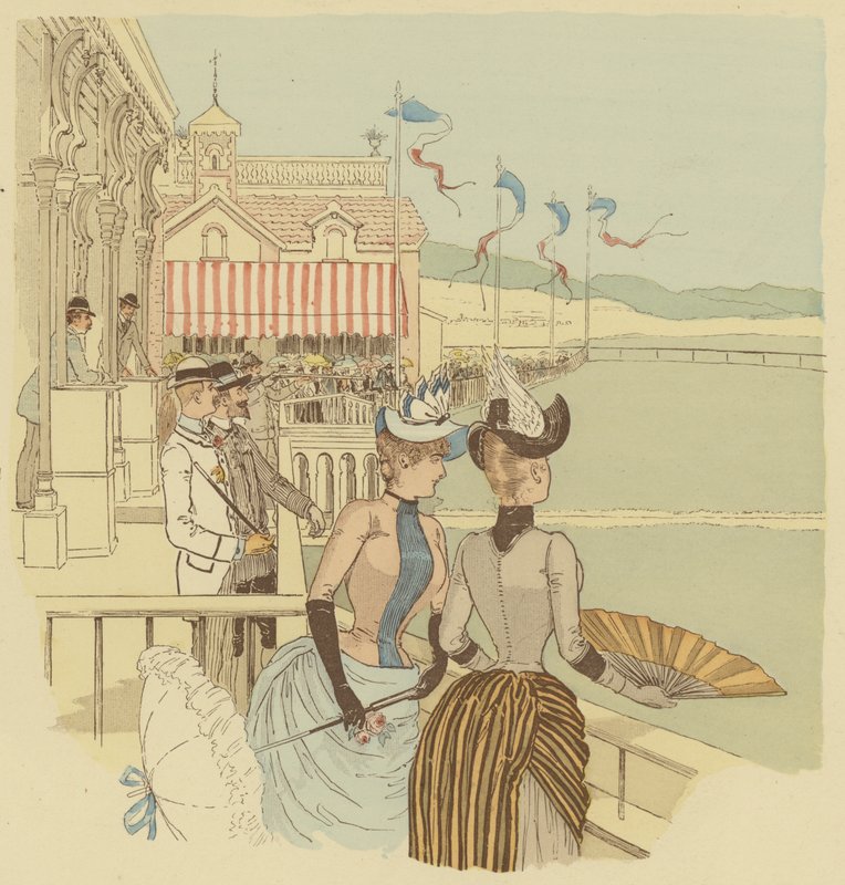 Publikum som ser på duen skyte mot ved La Condamine i Monte Carlo, Monaco. (farge litho) av Maurice Charles Mathieu Bonvoisin