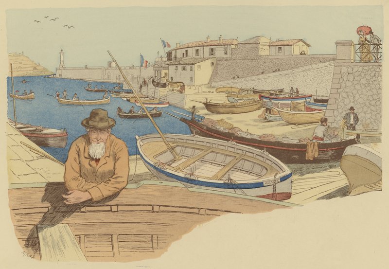 Typisk båtmann i havnen i Nice, Frankrike (farge litho) av Maurice Charles Mathieu Bonvoisin