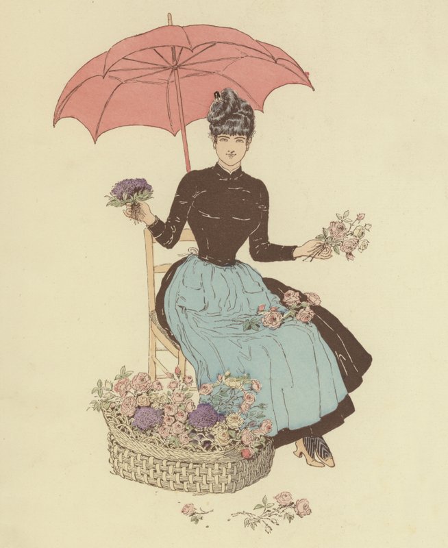 Kvinne som sitter under en paraply og selger blomster (farge litho) av Maurice Charles Mathieu Bonvoisin