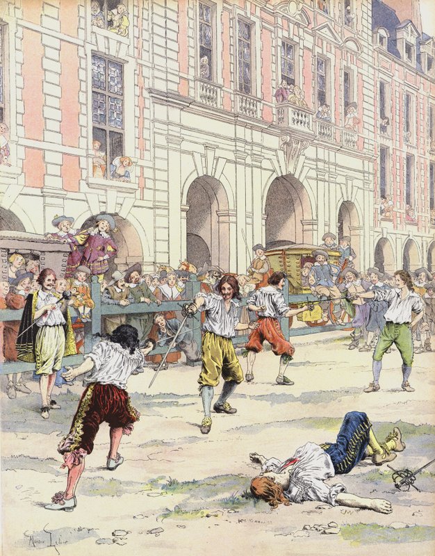 Boutteville og Beuvron kjemper en duell på Place Royale av Maurice Leloir