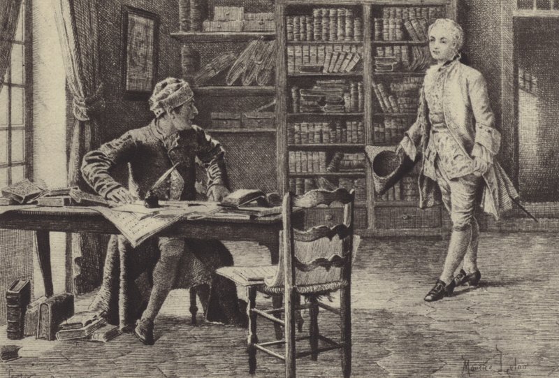 Illustrasjon for bok IX av Jean-Jacques Rousseaus bekjennelser (gravering) av Maurice Leloir