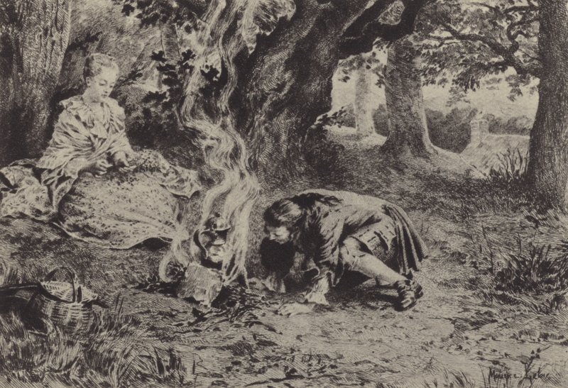 Illustrasjon for bok VI av The Confessions of Jean-Jacques Rousseau (gravering) av Maurice Leloir