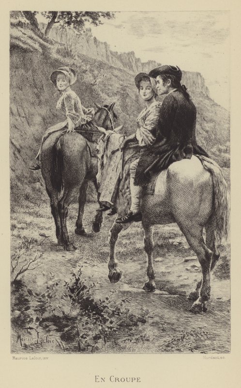 Jean-Jacques Rousseau og to unge kvinner reiser på hesteryggen (gravyr) av Maurice Leloir