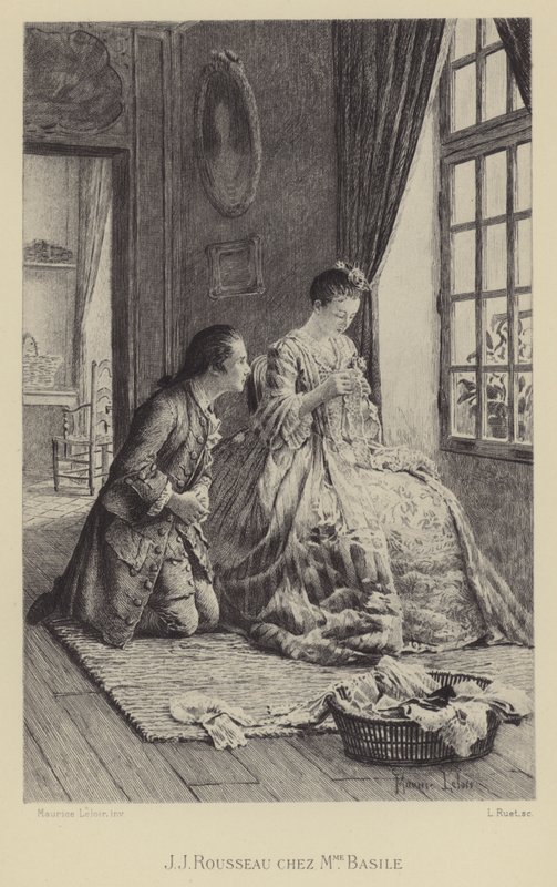Jean-Jacques Rousseau ved huset til Madame Basile (gravyr) av Maurice Leloir