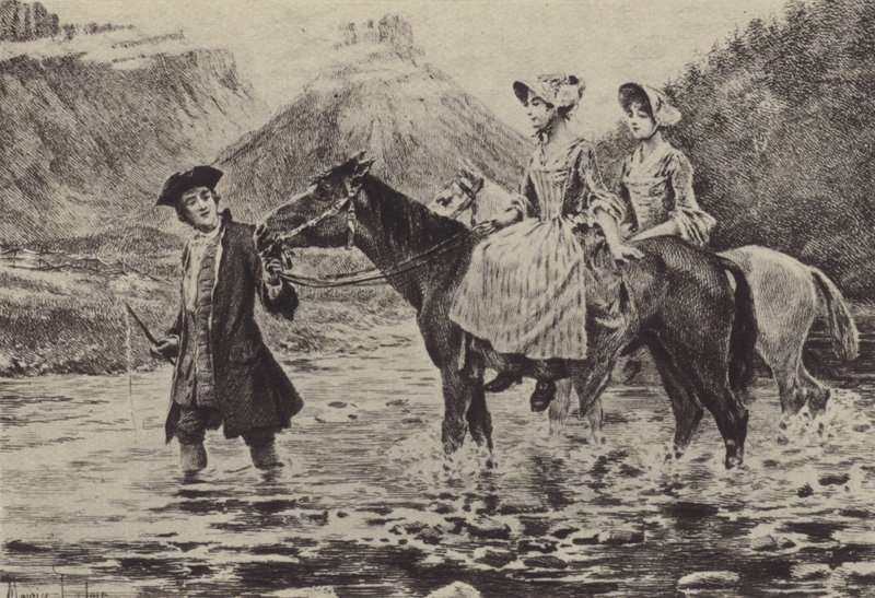 Jean-Jacques Rousseau hjelper to unge kvinner å krysse en bekk (gravyr) av Maurice Leloir