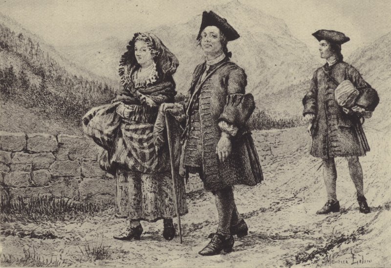 Jean-Jacques Rousseau på veien med to ledsagere (gravyr) av Maurice Leloir