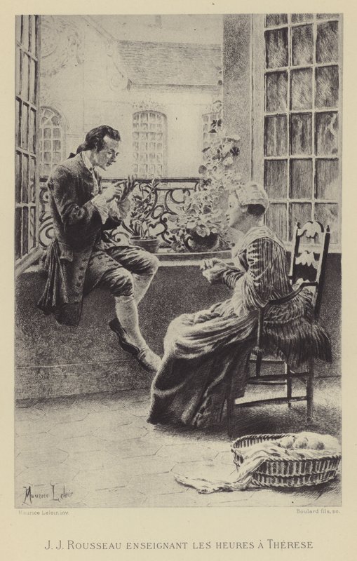 Jean-Jacques Rousseau lærer Therese timene (gravyr) av Maurice Leloir