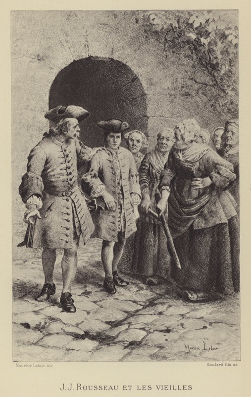 Jean-Jacques Rousseau med de gamle kvinnene (gravyr) av Maurice Leloir