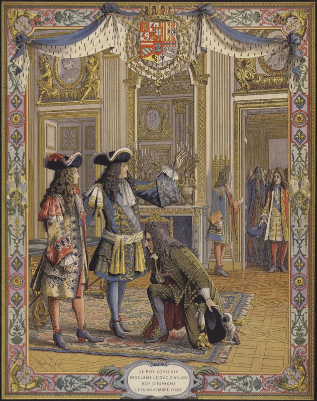 Kong Ludvig XIV, Duc dAnjou, utropt til konge av Spania, og mottok hyllingen av sin ambassadør av Maurice Leloir