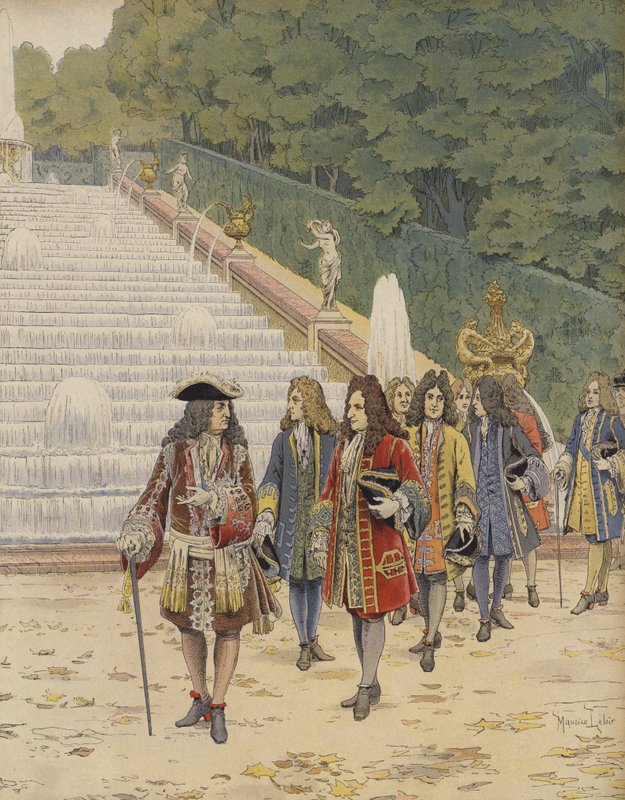 Kong Louis XIV og Samuel Bernard på Marly, besøk i hagene av Maurice Leloir