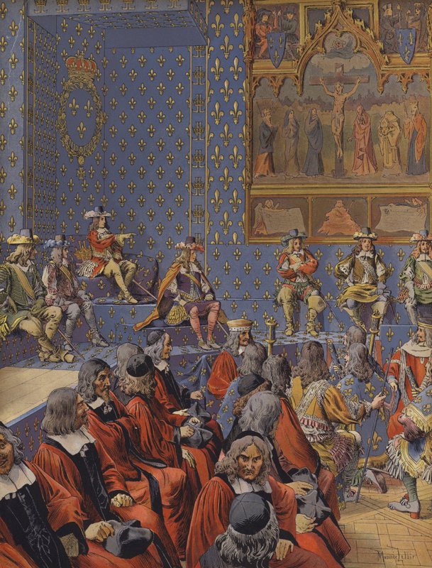 Kong Ludvig XIV sitter i støvler ved parlamentet av Maurice Leloir