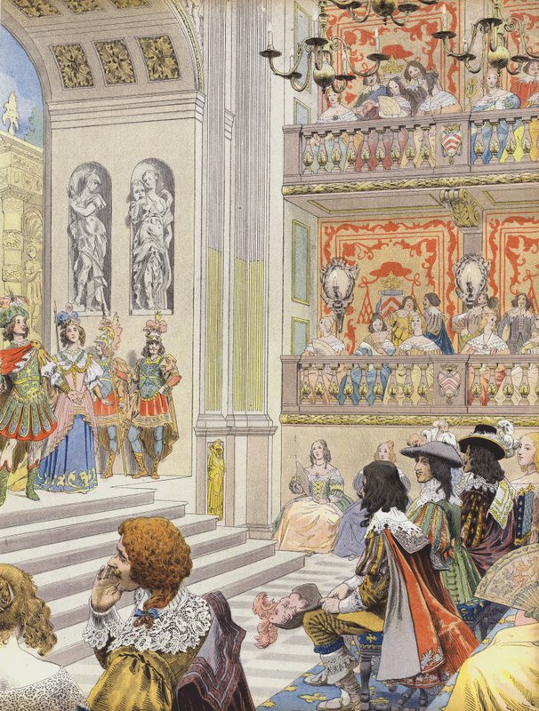 Opptreden i teateret til Palais Cardinal of Mirame, stykket skrevet av Richelieu og Desmarets av Maurice Leloir