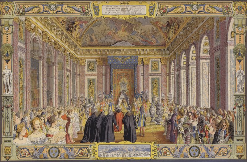 Mottak av Doge of Genova, i La Galerie des Glaces, Versailles av Maurice Leloir