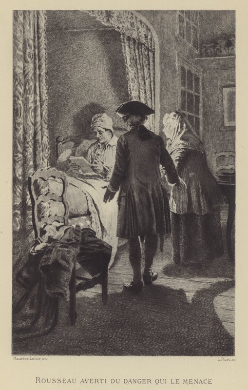Rousseau advarte om faren som truer ham (gravering) av Maurice Leloir