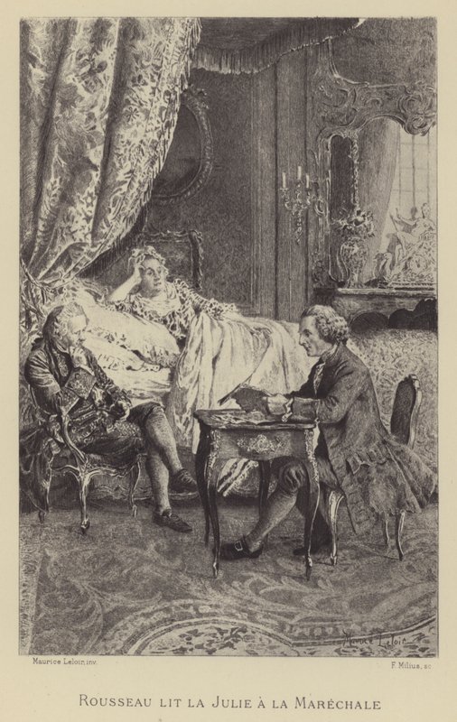 Rousseau leser romanen sin Julie to la Marechale (gravyr) av Maurice Leloir