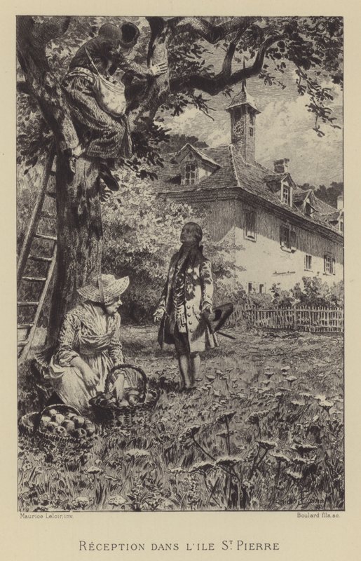 Rousseaus mottakelse på Ile St Pierre (gravering) av Maurice Leloir
