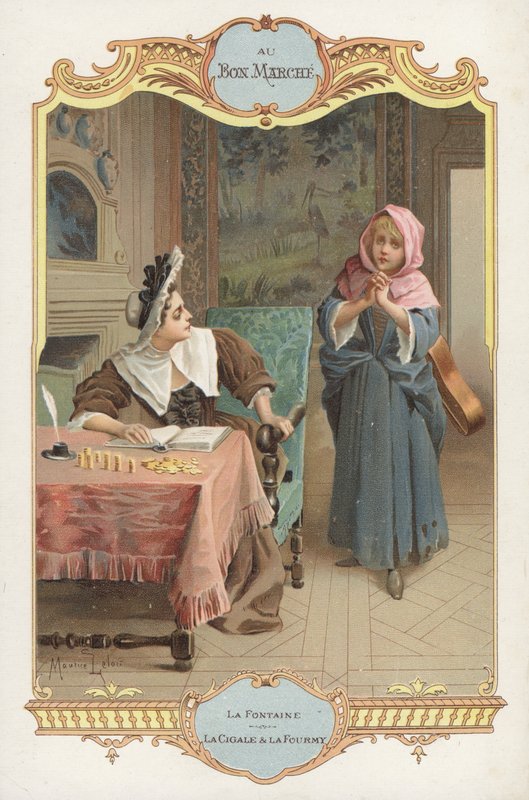Scene fra Jean de la Fontaines-fabelen La Cigale et la Fourmi (Mauren og gresshoppen) (chromolitho) av Maurice Leloir
