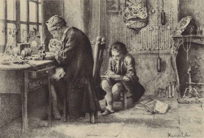 Den unge Jean-Jacques Rousseau leser mens faren jobber (gravyr) av Maurice Leloir