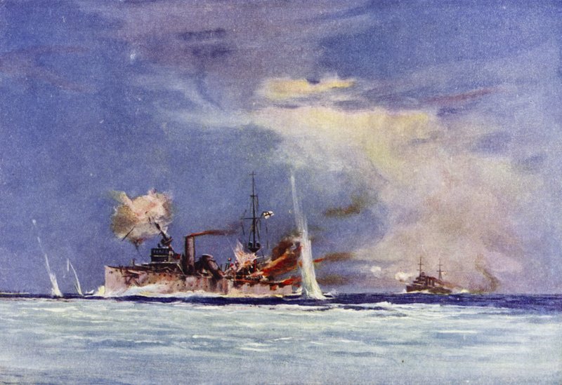 HMAS Sydney, kommandert av kaptein John Glossop, angrep den tyske krysseren Emden, Battle of Cocos, 9. november 1914 av Maurice Randall