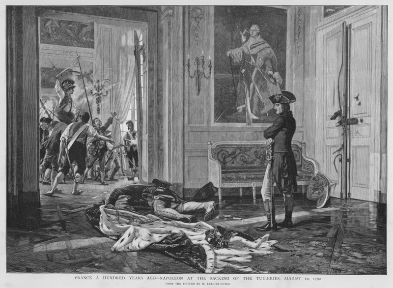 Napoleon ved plyndringen av Palais des Tuileries, Paris, den franske revolusjonen av Maurice Realier Dumas
