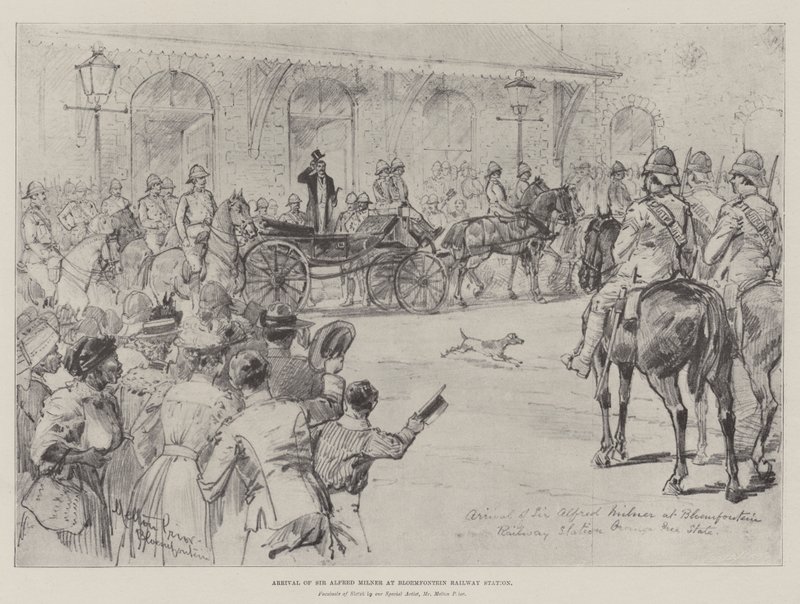 Ankomst av Sir Alfred Milner til Bloemfontein jernbanestasjon av Melton Prior
