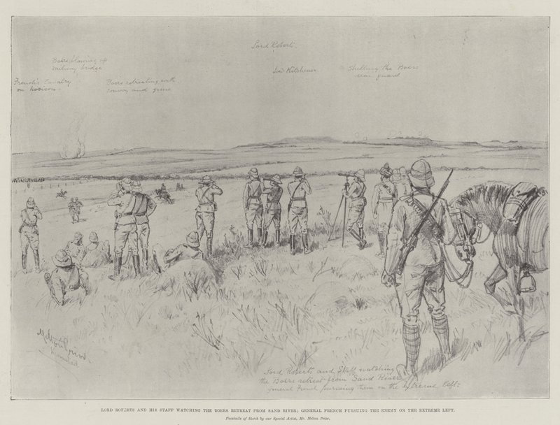 Lord Roberts og hans stab ser på Boers Retreat fra Sand River; General French forfølger fienden på den ekstreme venstresiden av Melton Prior