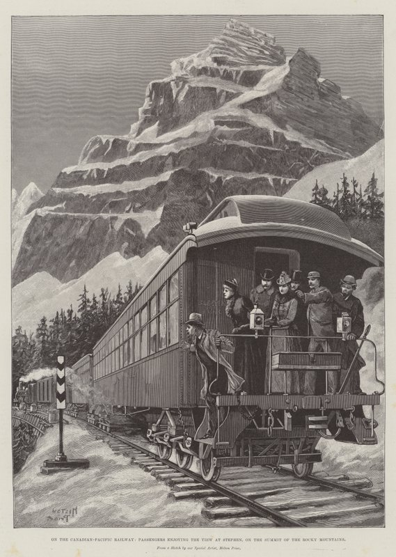 På Canadian-Pacific Railway, passasjerer nyter utsikten ved Stephen, på toppen av Rocky Mountains av Melton Prior