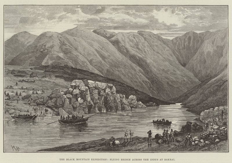 The Black Mountain Expedition, Flying Bridge over Indus ved Bakrai av Melton Prior