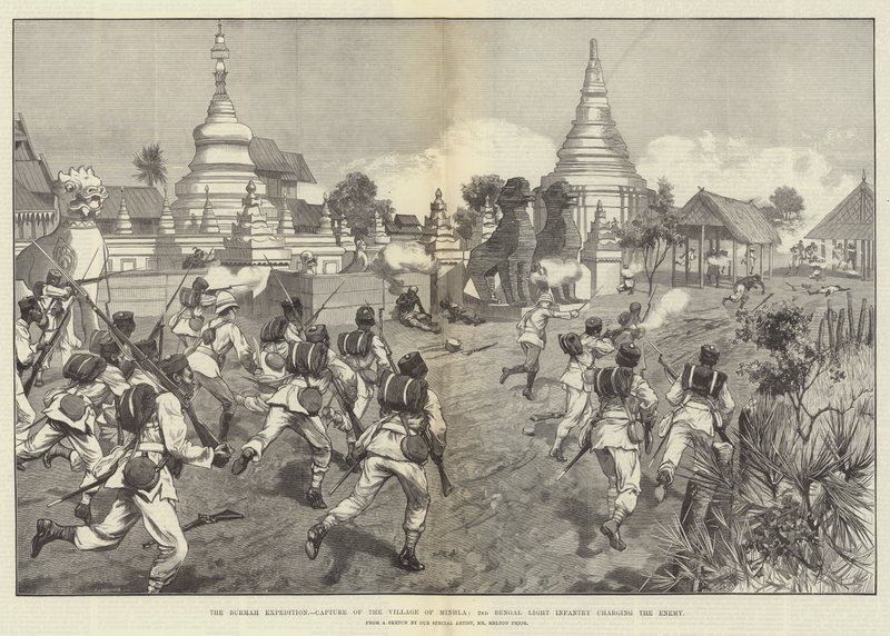Burmah-ekspedisjonen, fangst av landsbyen Minhla, 2nd Bengal Light Infantry anklager fienden av Melton Prior