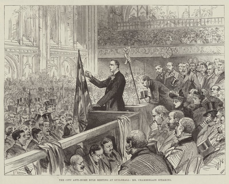 City Anti-Home Rule Meeting i Guildhall, Mr Chamberlain taler av Melton Prior