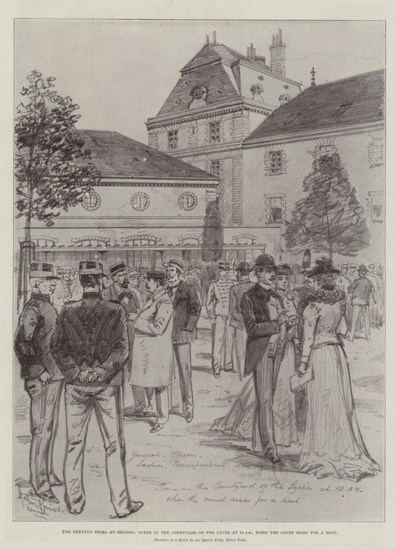 Dreyfus-rettssaken i Rennes, scene i gårdsplassen til Lycee kl. 10, når retten reiser seg for en hvil. av Melton Prior