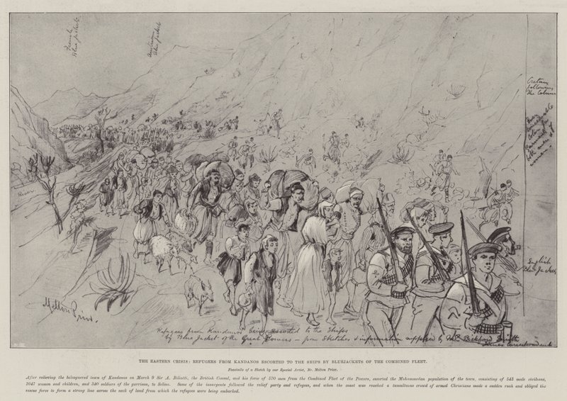 The Eastern Crisis, flyktninger fra Kandanos eskortert til skipene av Bluejackets of the Combined Fleet av Melton Prior