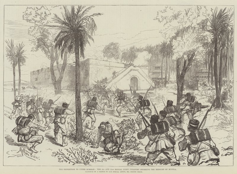Ekspedisjonen til Øvre Burmah, 2. og 11. Bengal Light Infantry stormer Redoubt of Minhla av Melton Prior