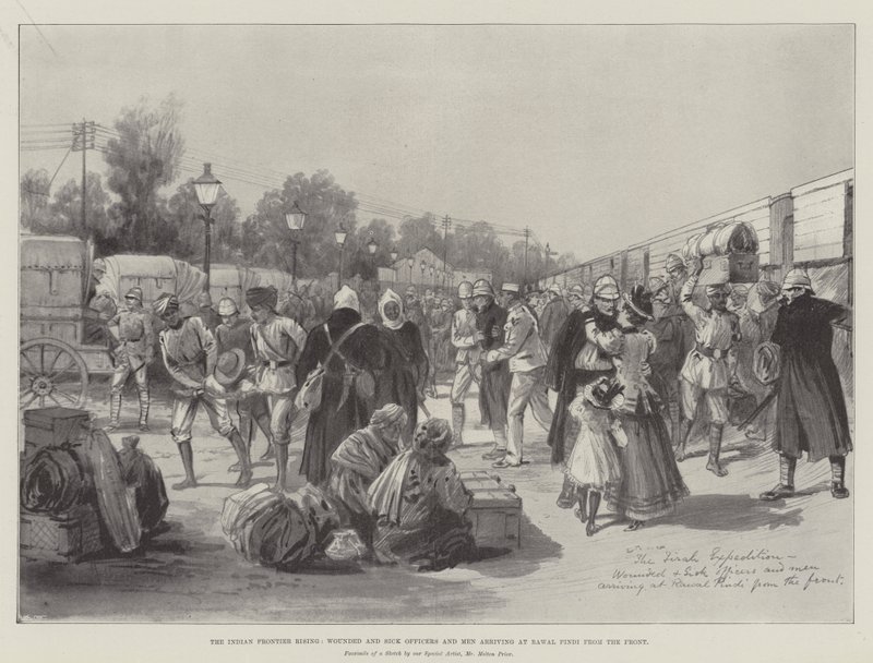 Indian Frontier Rising, sårede og syke offiserer og menn ankommer Rawal Pindi fra fronten av Melton Prior
