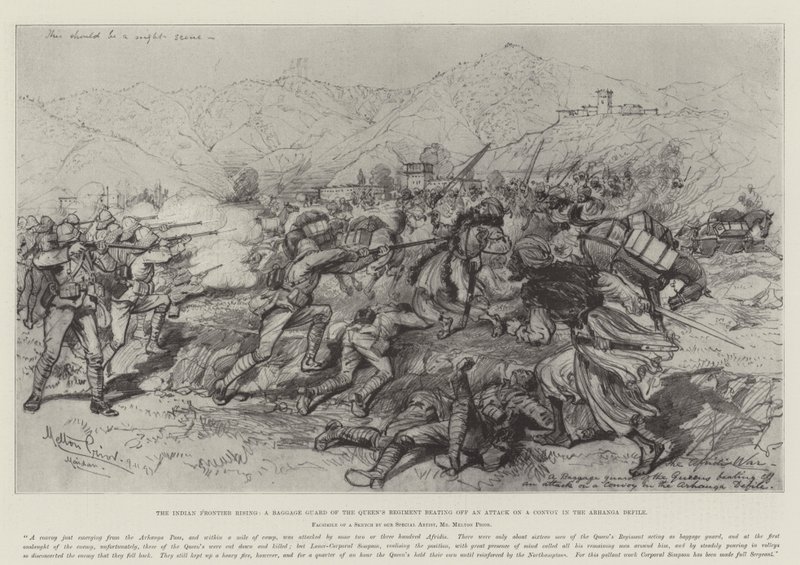 The Indian Frontier Rising, en bagasjevakt fra dronningens regiment som slo et angrep på en konvoi i Arhanga Defile av Melton Prior