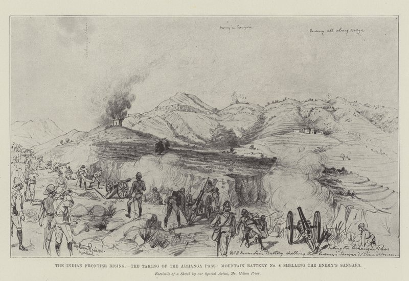 Indian Frontier Rising, inntak av Arhanga-passet, fjellbatteri nr. 8 som beskyter fiendens sangarer av Melton Prior