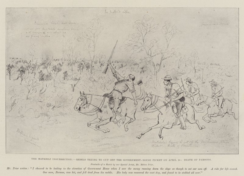 Matabili-opprøret, opprørere som prøver å avskjære regjeringen-hus-piketten 25. april, Death of Parsons av Melton Prior